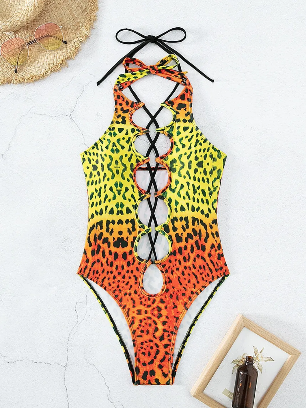 New Style Leopard Printing Bikini Sexy Lace-up Bikini Gradual Color One-Piece Women&prime;s Swimsuit