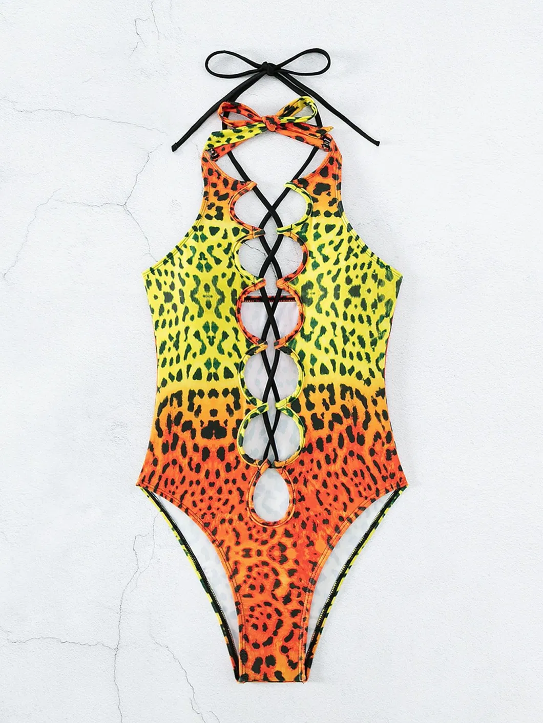 New Style Leopard Printing Bikini Sexy Lace-up Bikini Gradual Color One-Piece Women&prime;s Swimsuit