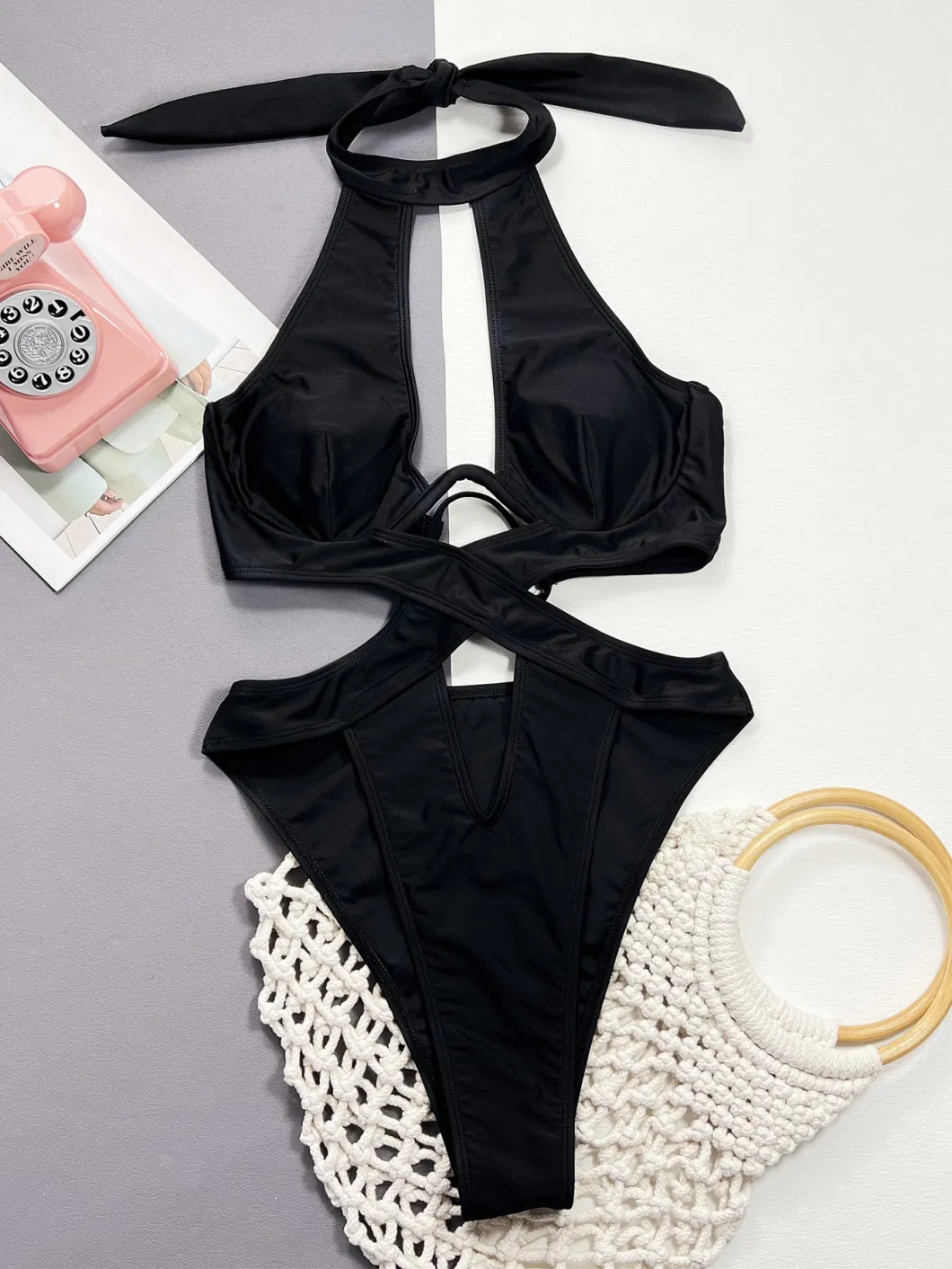 One-Piece Bikini Solid Color Hollowed-out Halter Strap Swimsuit