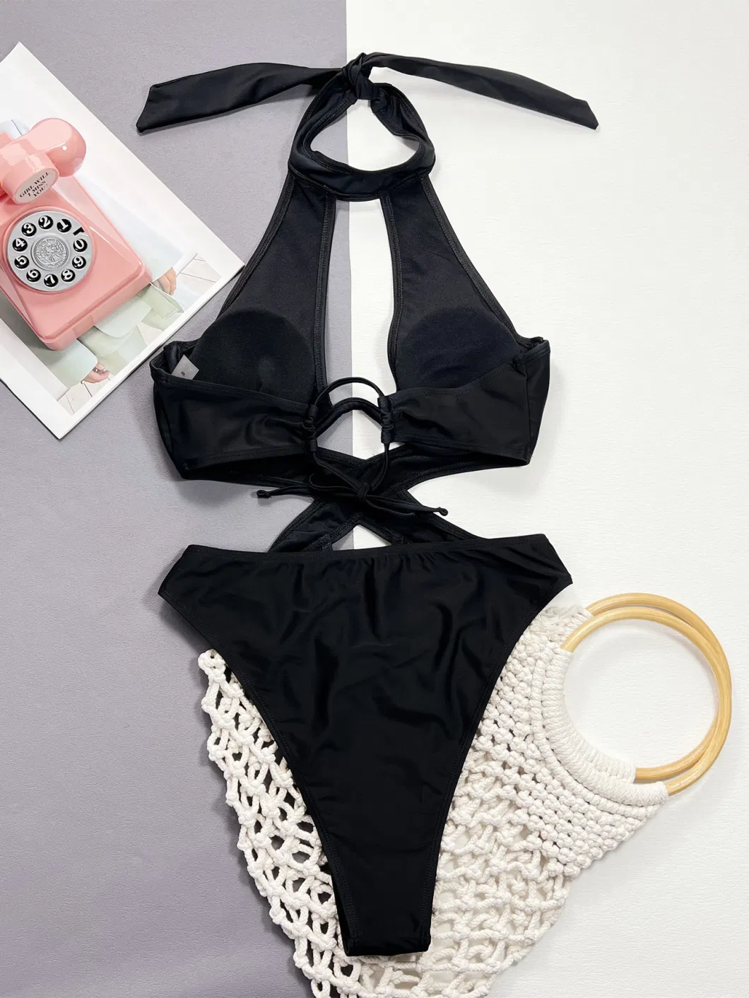 One-Piece Bikini Solid Color Hollowed-out Halter Strap Swimsuit