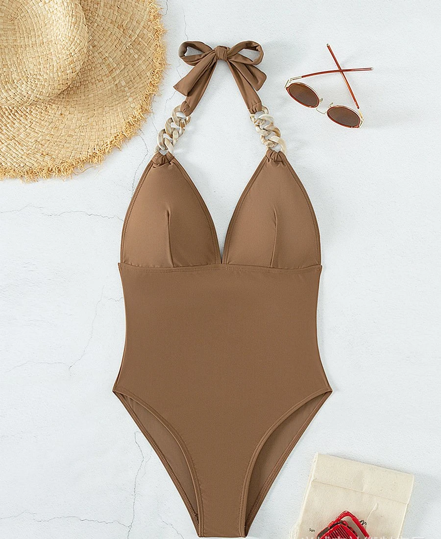 2023 Solid Color Luxury Chain Strap Retro Women&prime;s Swimsuit One-Piece Bikini