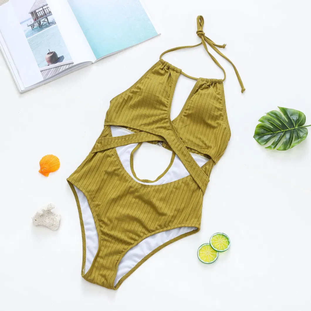 Solid Color One-Piece Cross Cut out Hollow Bikini Sexy Halter Women&prime;s Swimsuit