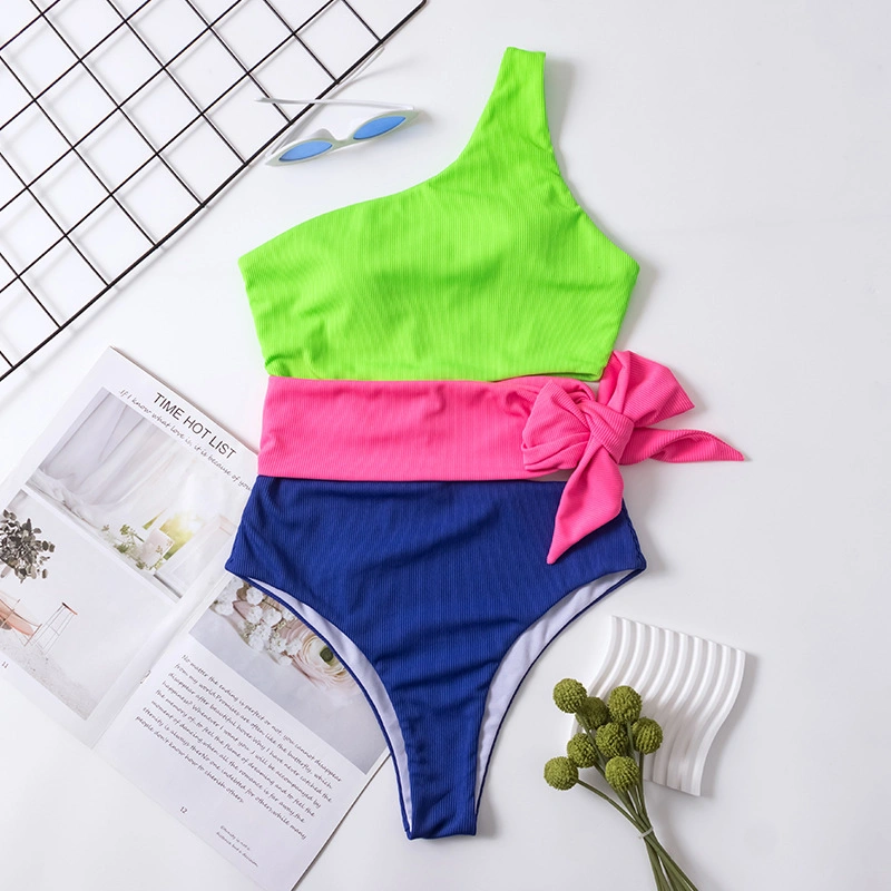 2023 Fashion One-Piece Set Rib Fabric Contrast Color Women&prime;s Waist Hollow Bikini