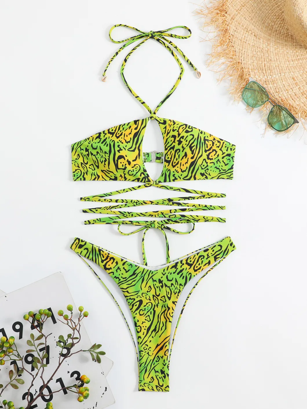 2023 New Style Two Piece Leopard Print Women&prime;s Swimsuit Long Halter Strap Bikini