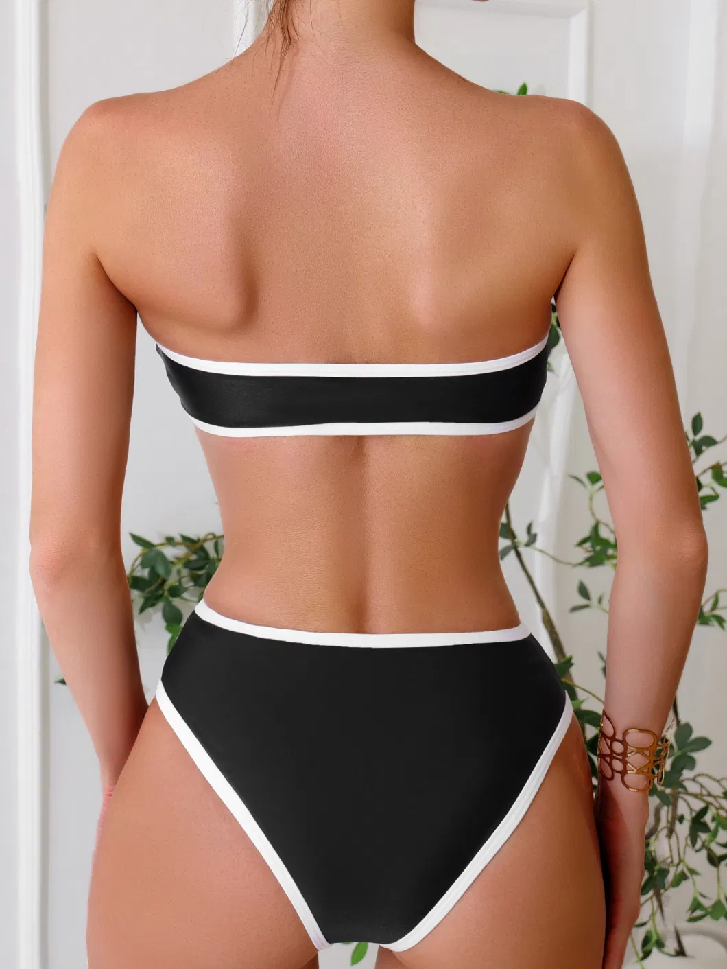 2023 One-Piece Sexy Solid Color Women&prime;s Swimsuit White Edge Strapless Bikini