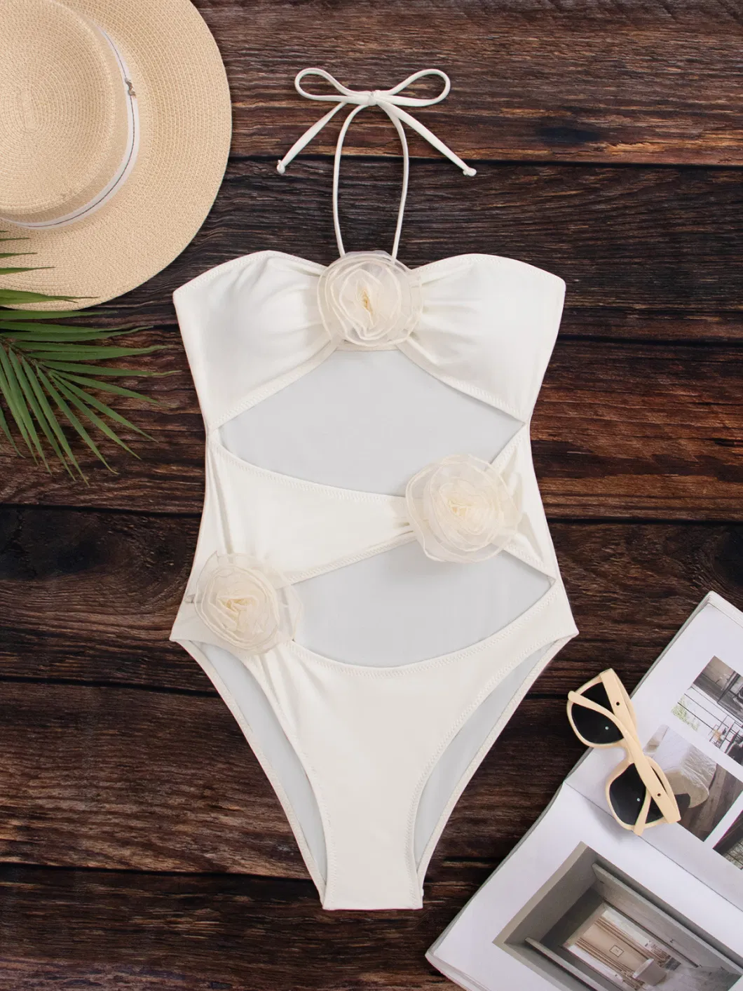 One-Piece Set Halter Strap Big Flower Hollowed Women&prime;s Swimsuit