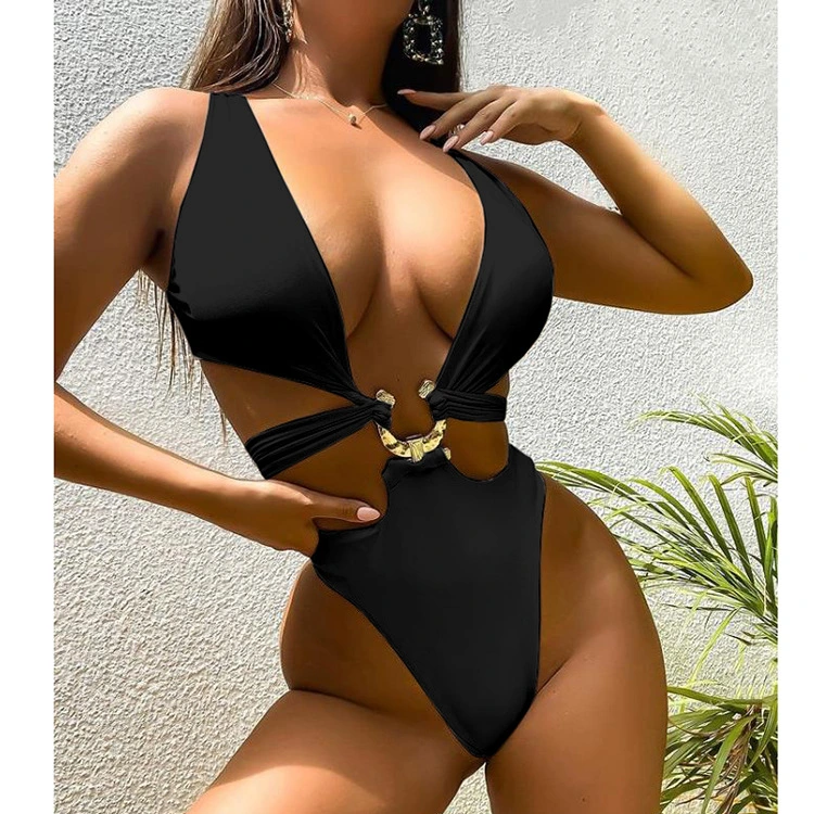 Sexy One-Piece Cutout Women&prime;s Swimsuit with Metal Accessories Tie Strap Bikini