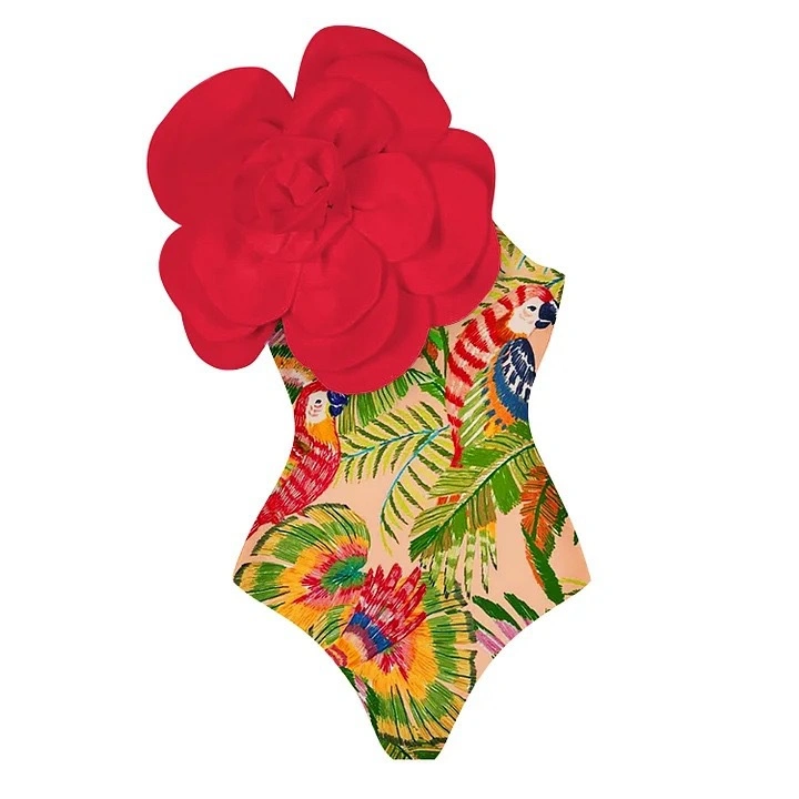 One-Piece Swimsuit Solid Color 3D Flower Bikini