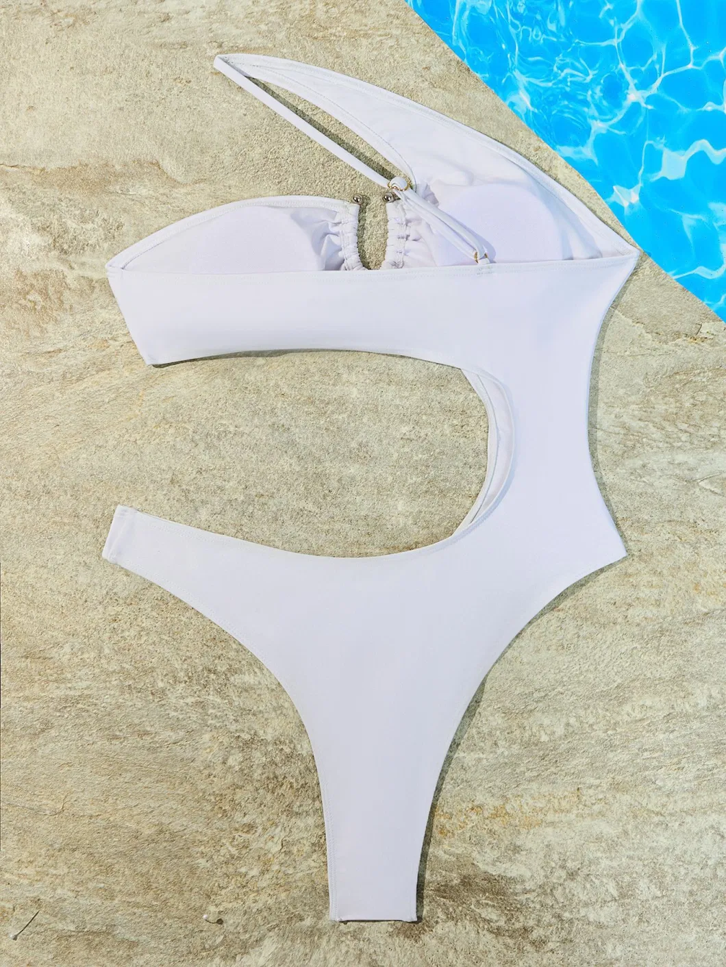 2024 New Style Solid Color One Shoulder One-Piece Sexy Bikini Cutout Swimsuit with Metal Accessories