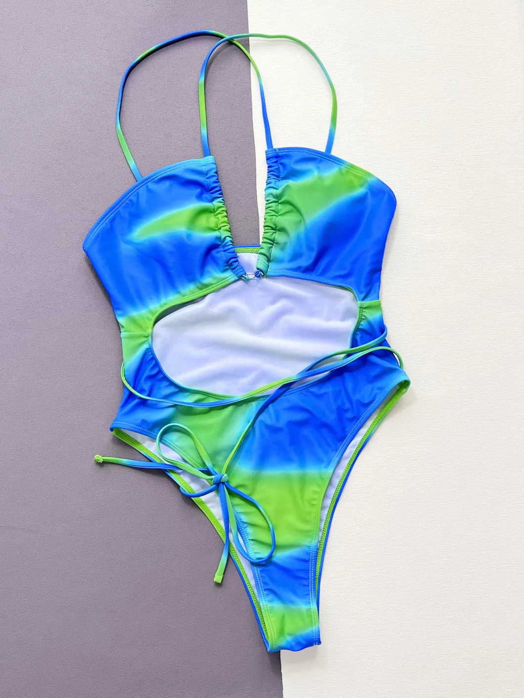 2024 Women&prime;s One-Piece Swimsuit with a Cut out Chest and Personalized One Piece Tie Dye Swimsuit Halter Bra Gradient Color