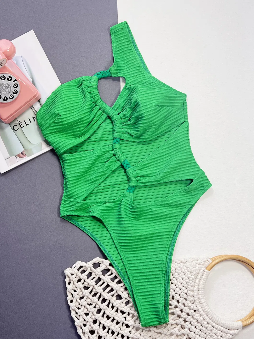 2024 New Bikini Swimsuit Split Women&prime;s Swimsuit Solid Color CF Strap Tie Sexy Bikini One Piece Green Color One Shoulder Cutout