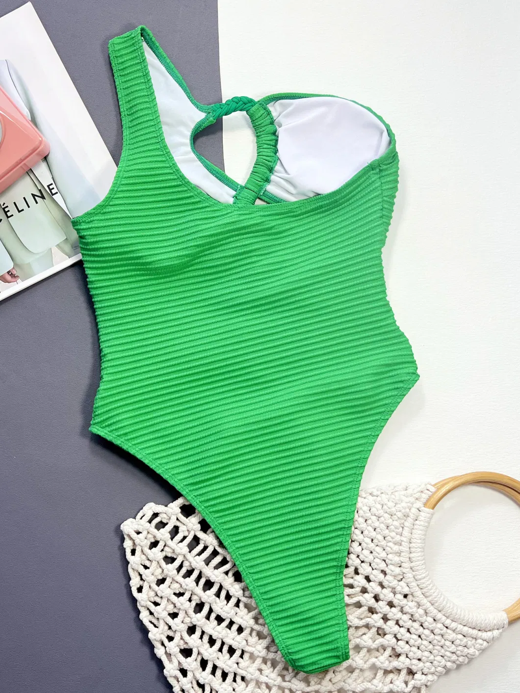 2024 New Bikini Swimsuit Split Women&prime;s Swimsuit Solid Color CF Strap Tie Sexy Bikini One Piece Green Color One Shoulder Cutout