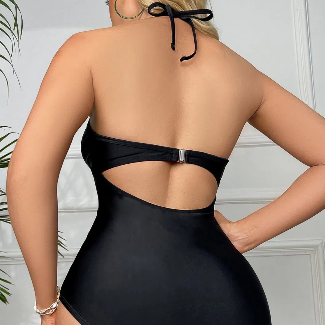 2024 New Hot Selling Solid Color Mesh Splicing Backless Sexy Jumpsuit Bikini Swimsuit for Women Neck Tie Perspective Clothing Model Cup