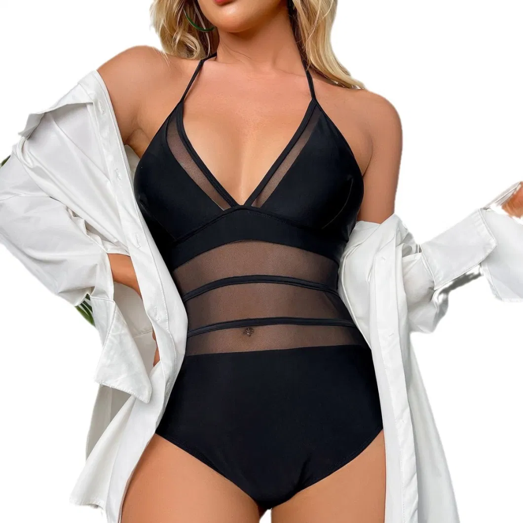 2024 New Hot Selling Solid Color Mesh Splicing Backless Sexy Jumpsuit Bikini Swimsuit for Women Neck Tie Perspective Clothing Model Cup