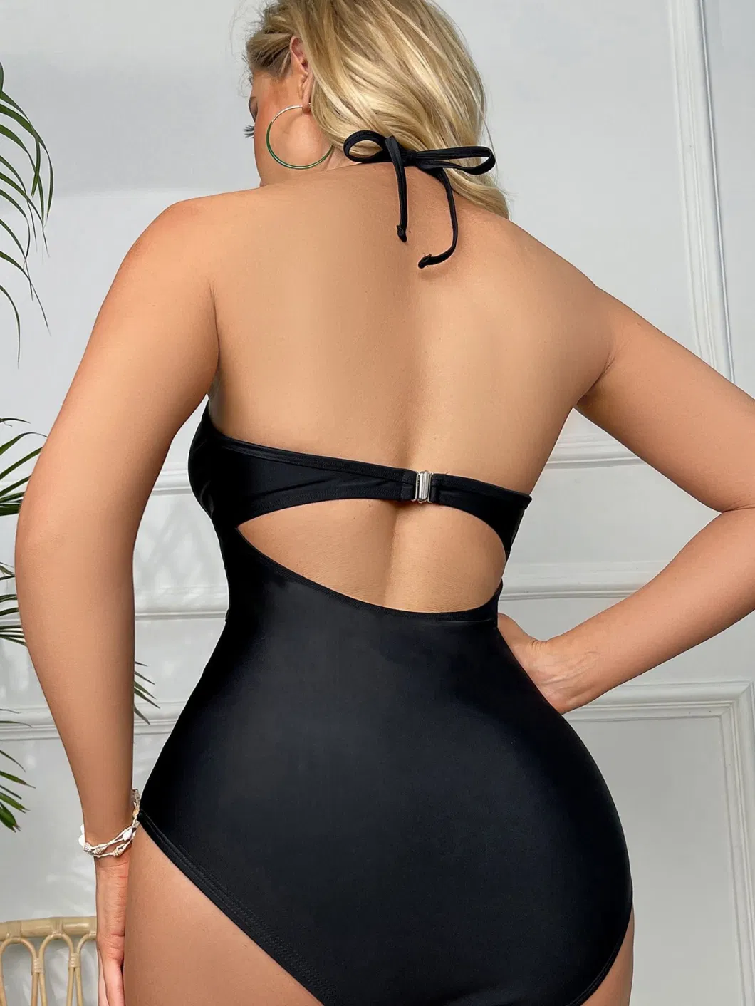 2024 New Hot Selling Solid Color Mesh Splicing Backless Sexy Jumpsuit Bikini Swimsuit for Women Neck Tie Perspective Clothing Model Cup