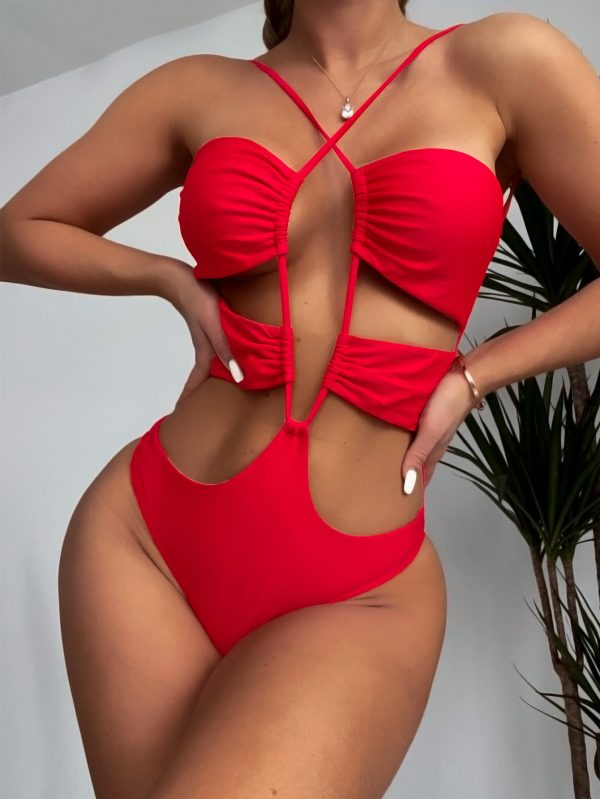 2022 Drawstring Backless Red 1 Piece Women Bikini Bathing Suits