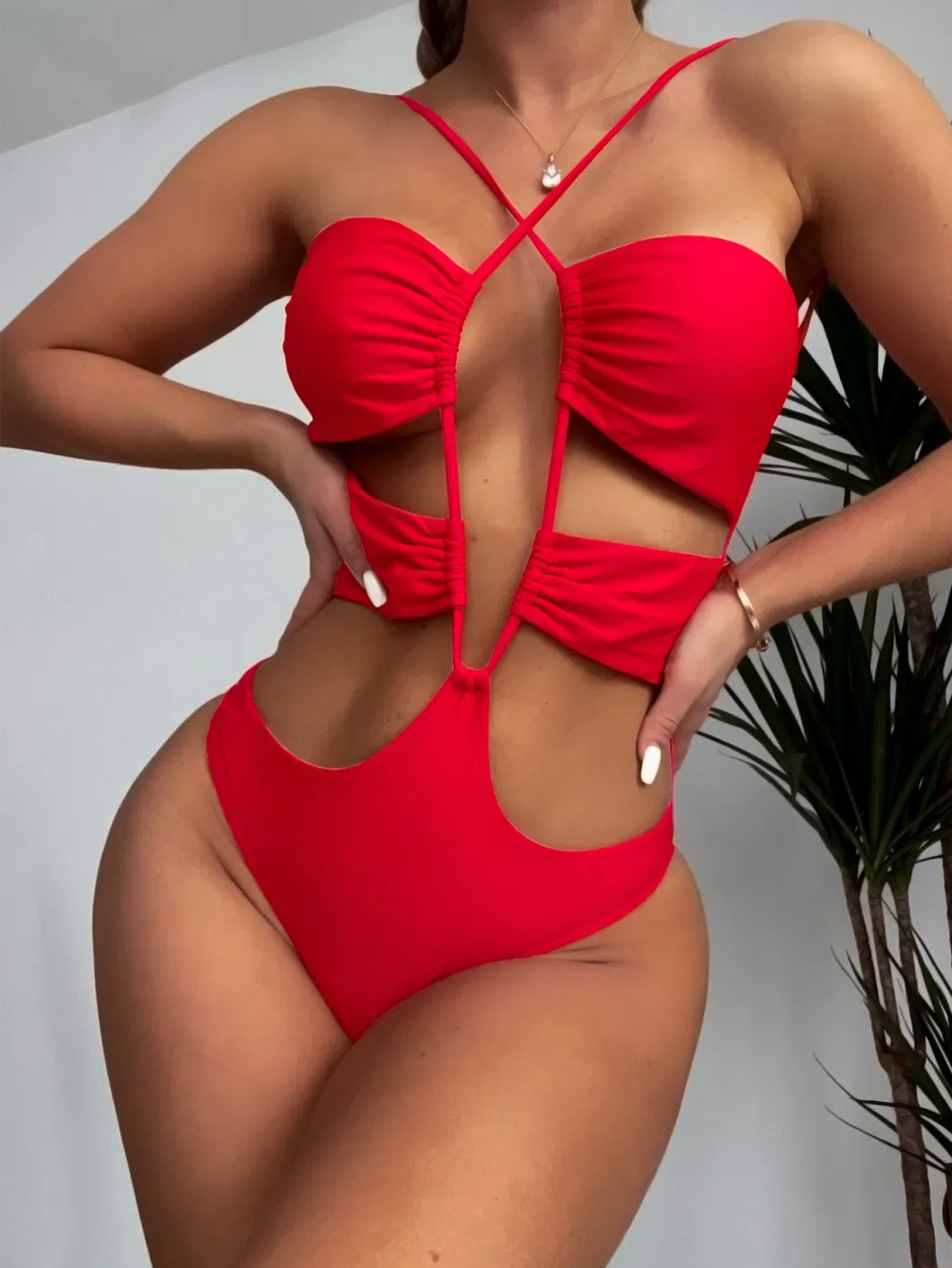 2022 Drawstring Backless Red 1 Piece Women Bikini Bathing Suits