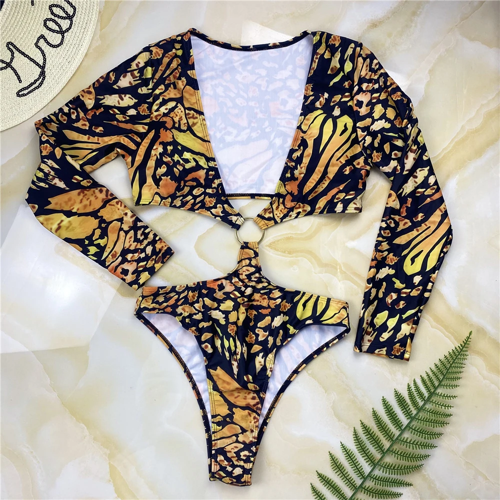 2022 O Ring Abstract Print Long Sleeve 1 Piece Women Sexy Bikini Beach Wear