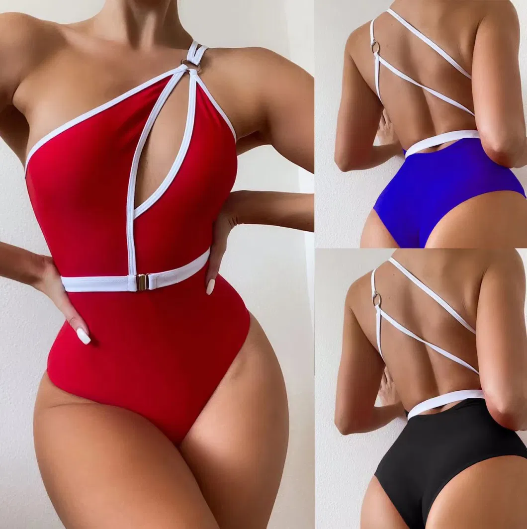 2022 One Shoulder Cut out Contrast Trim 1 Piece Women Bikini Bathing Suits