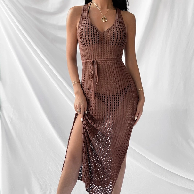 2022 Solid Pointelle Split Backless Drawstring Waist Knitted Beach Dress