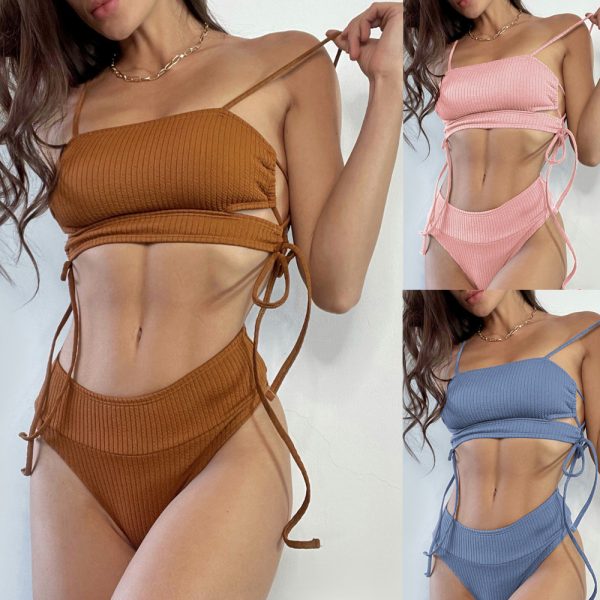 2022 Solid Rib Drawstring High Waist Women′s Bikini Swimsuits