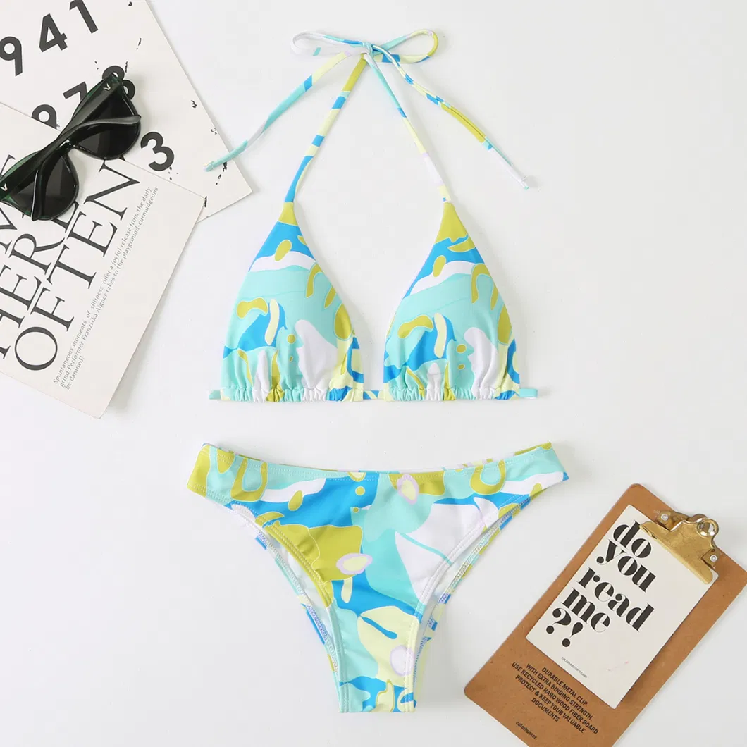 2023 Abstract Print Triangle Halter Bikini Swimsuits Bathing Suits