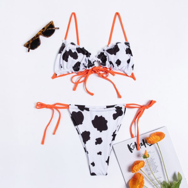 2023 Cow Print Contrast Strap Tie Front Frill Trim Bikini