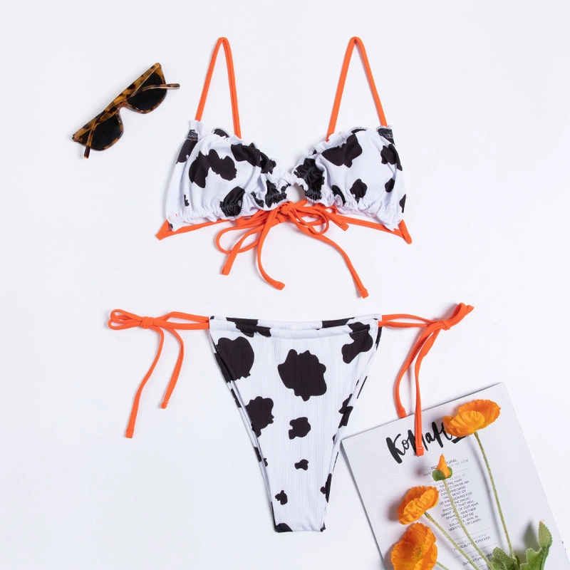 2023 Cow Print Contrast Strap Tie Front Frill Trim Bikini Swimsuits