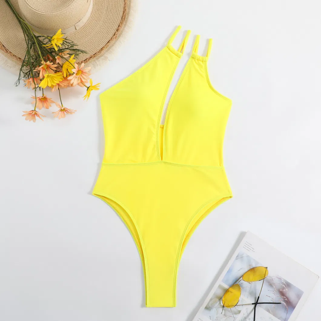 2023 Fashion One-Piece Women&prime;s Solid Color Swimsuit Cut out Rope One Shoulder Bikini