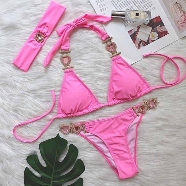 2023 Luxury Heart Diamond Tao-Piece Bikini Strap Solid Color Swimsuit