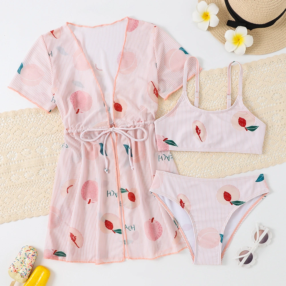 2023 New Style Children&prime;s Swimsuit Three-Piece Amazon Peach Printinmg Girl&prime;s Swimsuit with Smock