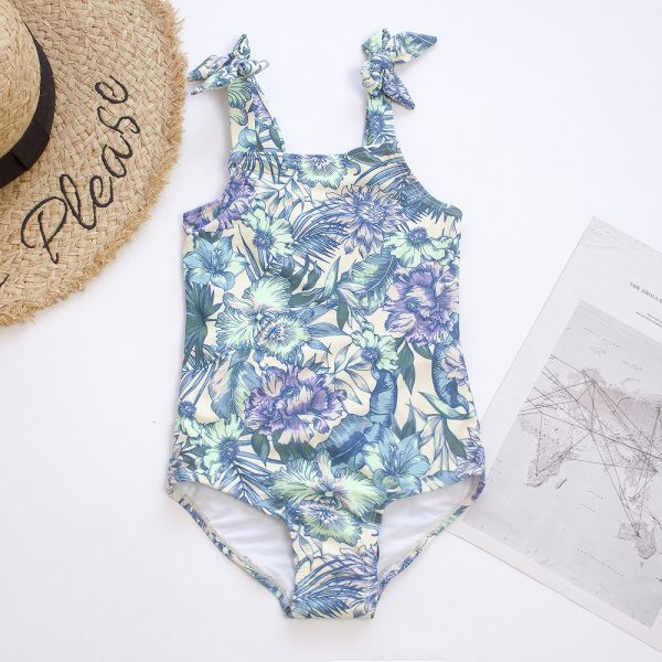 2023 New Style Tropical Printed One Piece Girl′ S Swimsuit Bow