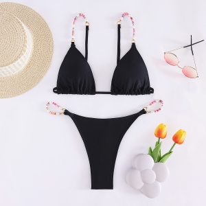 2023 Two Piece Set Solid Color Bikini Colorful Strap Sexy Women′s