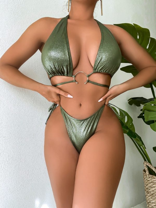 2024 New Sexy Deep V Solid Green Colour Strap Neck Hanging Bikini Swimsuit CF Metal Accessories Hardware Waist Strap Underwear Halter