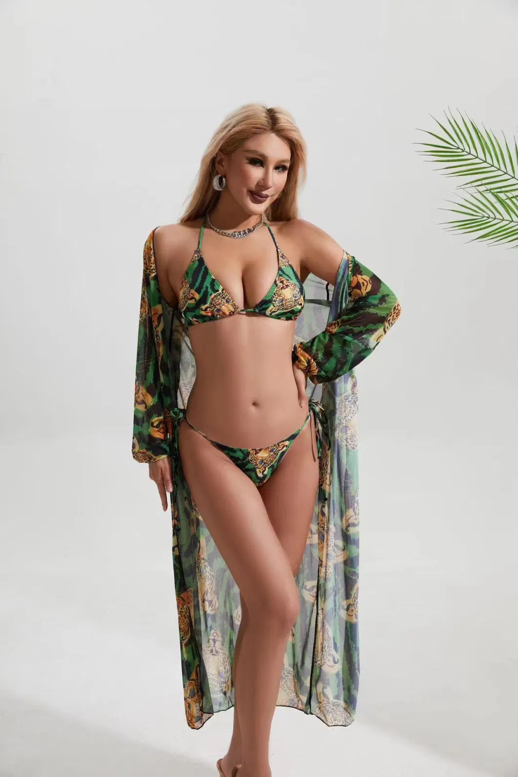 2024 New Three Piece Set Swimsuit Zodiac Printing Mesh Mask Top Beach Sunscreen Resort Style Bikini Neck Tie