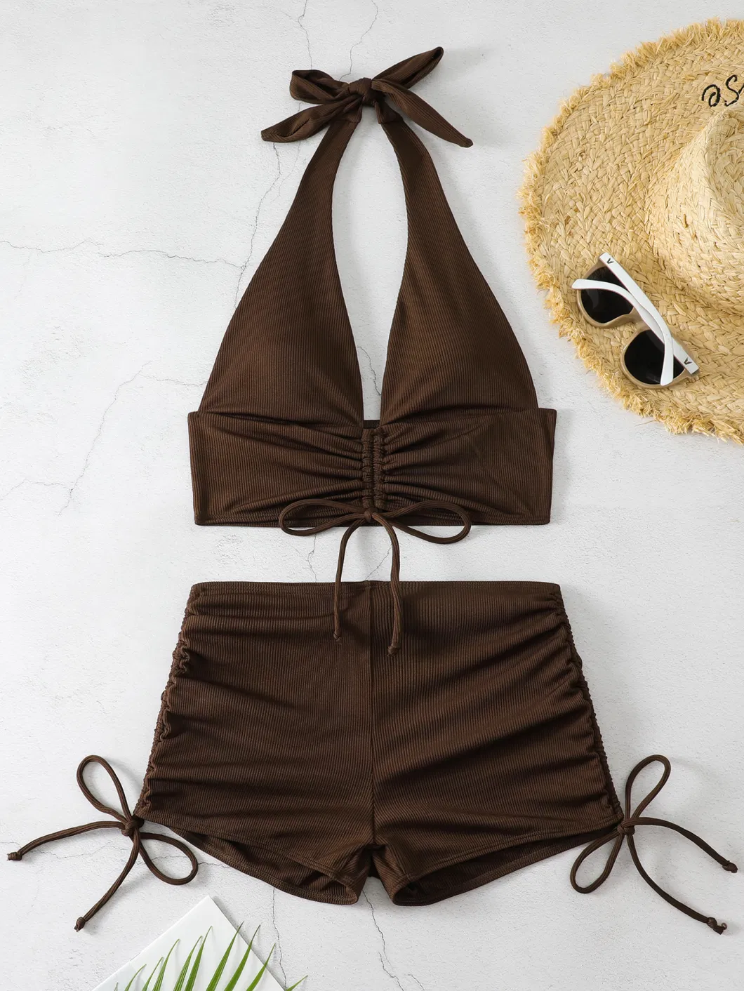 2024 Split Solid Color Pit Stripe Fabric Lace up Flat Corner Pants Sexy Bikini Bow Swimsuit Neck Tie Brown Colour Two Pieces Woman Rib Fabric