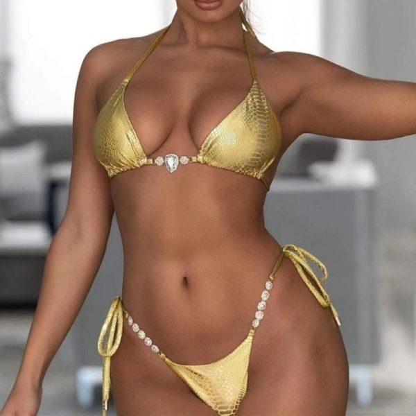 2024 Two-Piece Sexy Gold Metalic Fabric Bikini Crystal Diamond Trims Women′s Swimsuit