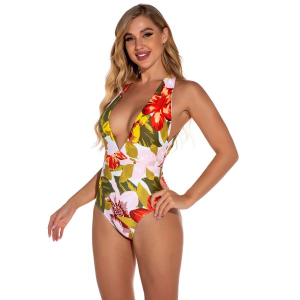 Amazon Floral Printing V Neck Halter Women′s One Piece Bikini