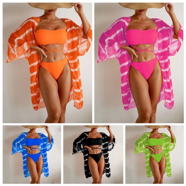 Beach Swimsuit Wavy Printing Mesh Cover up Three Piece Bikini Set