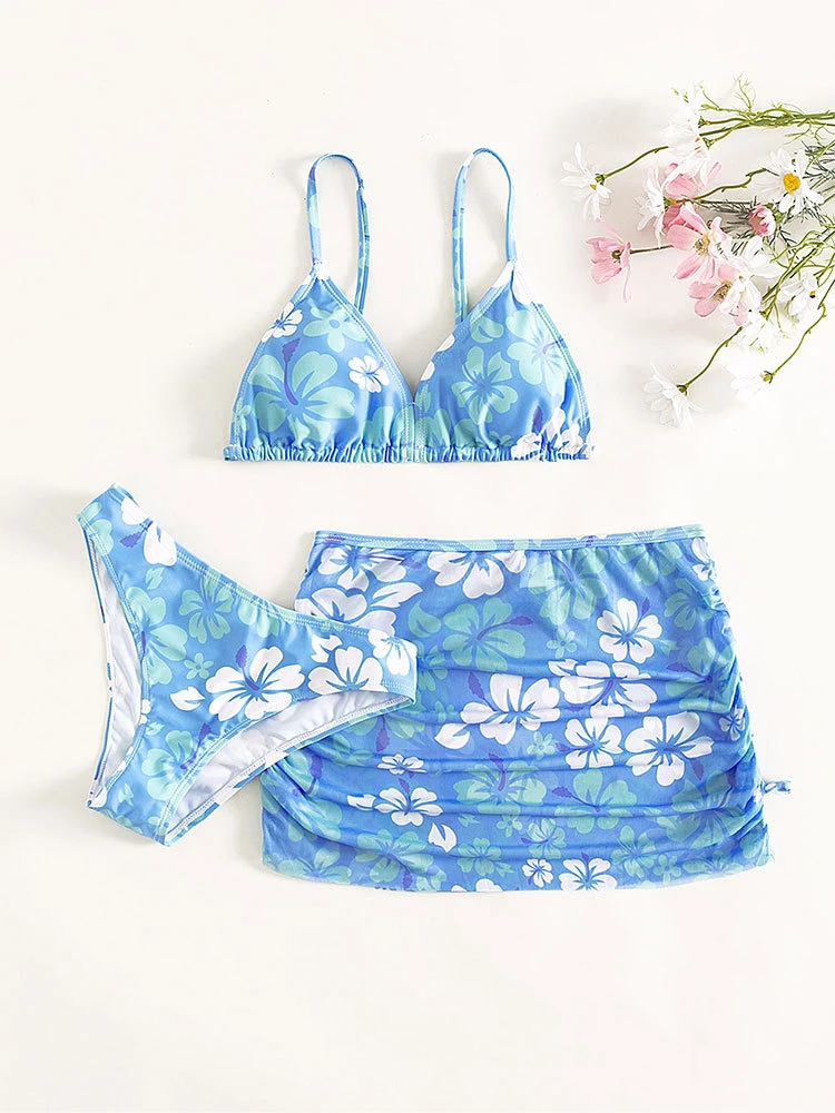 Blue Sakura Swimsuit Three-Piece Girls Bikini