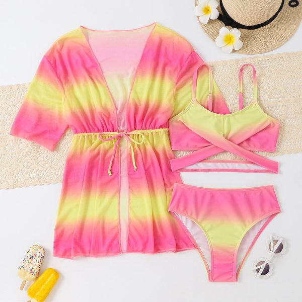 Cute Pink and Yellow Combo Three Piece Girl′s Swimsuit