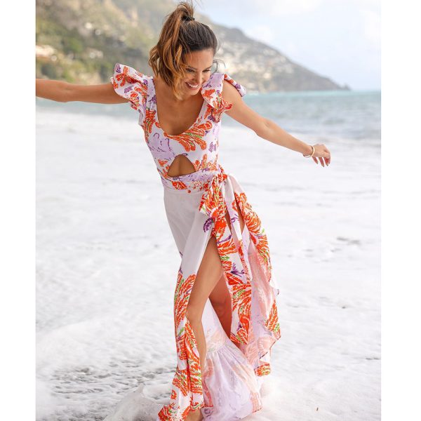 European Leaf Print Backless Women′s One Piece Bikini Long