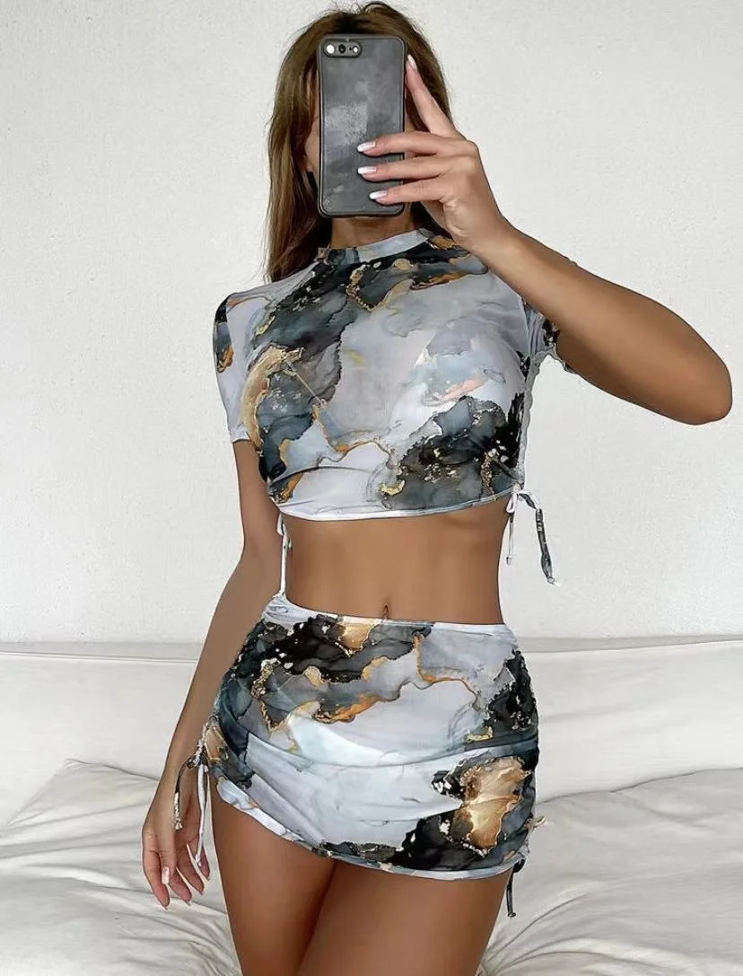 European Marbling Print Push up 4 Pieces Bikini Swimsuits &amp; Skirt &amp; Top