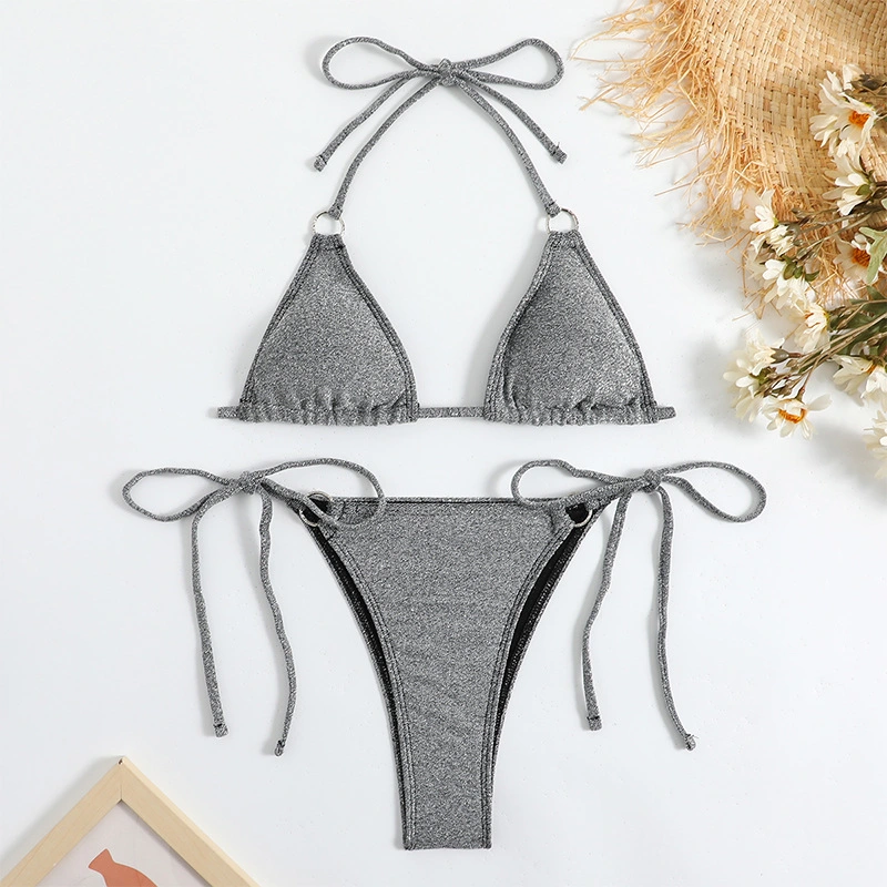 Fashion Sexy Women&prime;s Swimsuit Glitter Fabric Lace-up Silver Two-Piece Bikini