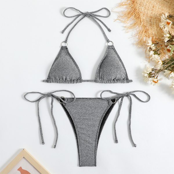 Fashion Sexy Women′s Swimsuit Glitter Fabric Lace up Silver Two Piece Bikini