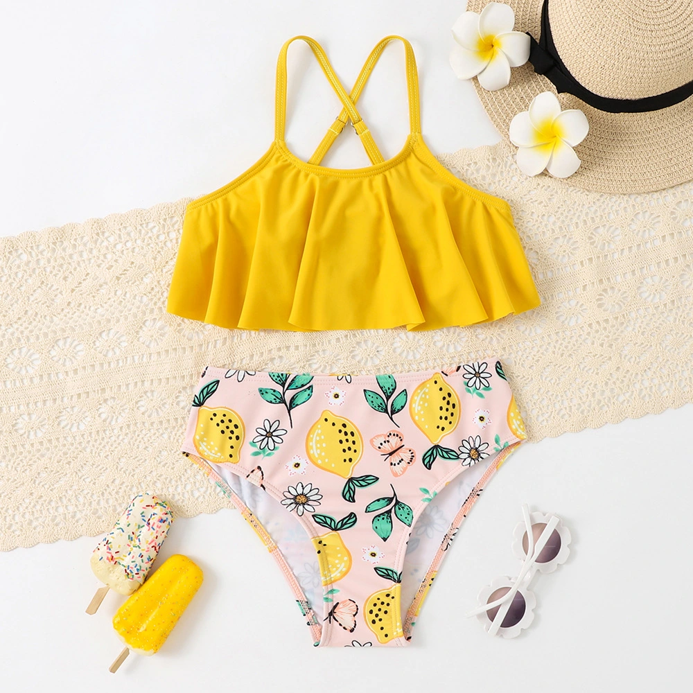 Girl&prime; S Swimsuit Colorful Leaf Printing with Ruffles Kid&prime; S Two Piece Bikini