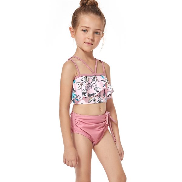 Girls High Waisted Bikini Drawstring Print Swimsuit for Kids