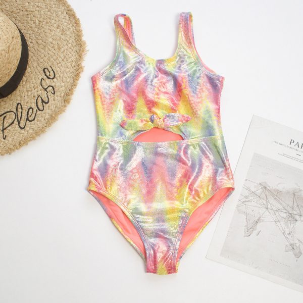 Girls One-Piece Swimsuit Wavy Print Brozing Splicing Kid′ S Swimsuit