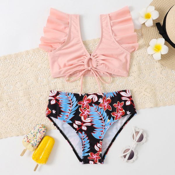 Girls′ Swimsuit 2 Piece Pull Rope Color Leaves Printed Swimming