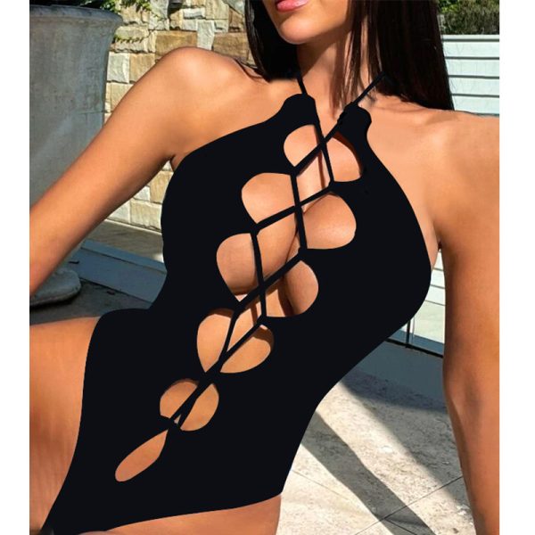 Hollowed out Lace up Sexy One Piece Swimsuit Black Tight Swimsuit Women′